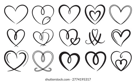 A collection of various hand drawn heart illustrations created with expressive black ink strokes. This set features a variety of styles including simple outlines, swirling lines, and artistic loops, perfect for romantic projects, wedding invitations, greeting cards, and valentine day decorations. Each heart shape is unique, showcasing a rustic, organic, and artistic feel that adds a personal touch to any creative design project involving themes of love, affection, romance, and celebration.