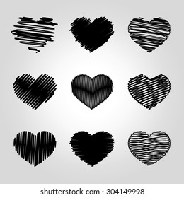 Collection of various hand drawn heart icons with pen sketch texture.