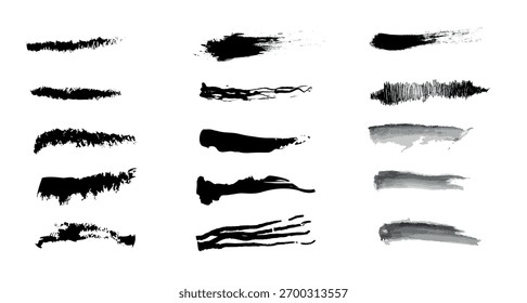 Collection of various hand drawn ink brush strokes and grunge lines for artistic design, painting, or creative backgrounds, isolated on white background vector illustration