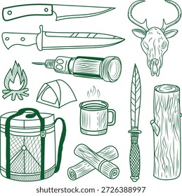 Collection of various hand drawn outdoor camping survival gear tools and equipment illustrations sketches