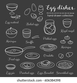 Collection of various hand drawn outline egg dishes isolated on the blackboard.