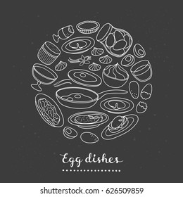 Collection of various hand drawn outline egg dishes composed in circle shape with lettering.