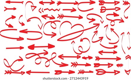 Collection of various hand drawn red arrows and pointers illustrating direction and movement concepts.