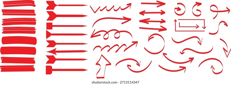 Sammlung von verschiedenen handgezeichneten roten Markierungspfeilen und Unterstreichungen einzeln auf sauberem, weißem Hintergrund für das Design.