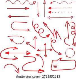 Colección de varias flechas y punteros rojos dibujados a mano que indican dirección y flujo en un diseño simple.