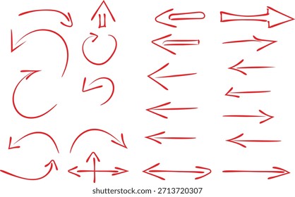 Colección de varias flechas rojas dibujadas a mano que apuntan en diferentes direcciones para el diseño y la navegación.