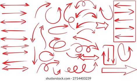 Colección de varias flechas y punteros rojos dibujados a mano que indican el movimiento de dirección y el flujo en blanco
