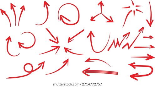 Collection of various hand drawn red arrows pointing in different directions for design elements