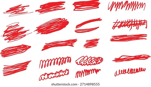 Sammlung von verschiedenen handgezeichneten roten Marker-Scribbles und unterstrichenen Pinselstrichelementen für das Design.
