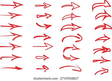 Colección de varias flechas direccionales rojas dibujadas a mano aisladas sobre un fondo blanco limpio para Elementos de diseño.