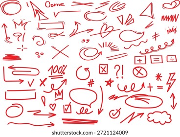 Sammlung von verschiedenen handgezeichneten roten Doodle-Elemente einschließlich Pfeile kreisen Herzen Symbole und unterstreicht für die Betonung.