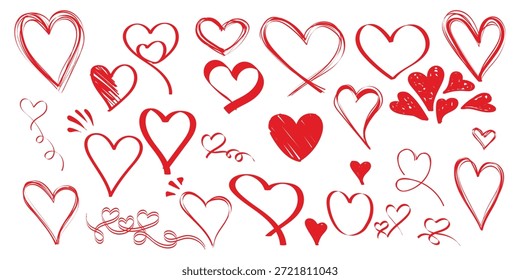 Collection of various hand drawn red heart shapes features sketchy outlines doodle styles and solid filled icons perfect for romance dating and valentine celebrations.