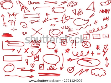 Collection of various hand drawn red doodle elements including arrows circles hearts symbols and underlines for emphasis.