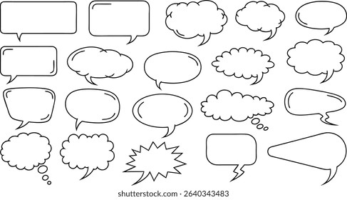 Collection of various hand drawn speech bubbles and comic book dialogue boxes isolated on white background
