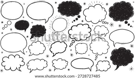 A collection of various hand drawn speech bubbles, thought clouds, and comic elements in doodle style, some filled in black, others outlined, with small stars and dots scattered around.