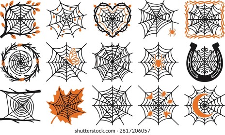 Collection of various hand drawn spider web illustrations including heart shapes and autumn leaves for spooky halloween design projects