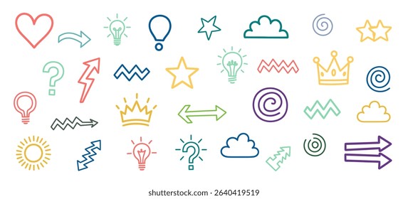 Collection of Various Hand Drawn Style Doodle Symbols with Hearts Stars Arrows and Lightbulbs