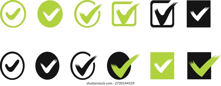 Coleção de vários ícones de marca de seleção de estilo desenhados à mão exibidos em cores contrastantes, como verde vibrante e preto sólido, apresentando diferentes formas, incluindo círculos e quadrados que representam a confirmação e a validação da seleção de aprovação em vários conceitos de design moderno.