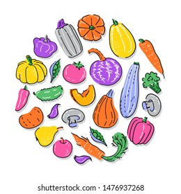 Collection of various hand drawn vegetables. Vector illustration