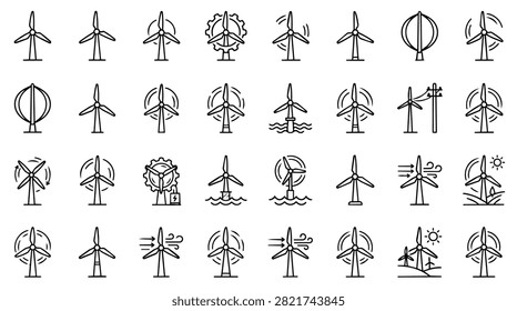 A collection of various hand drawn wind turbine icons and symbols representing renewable energy.