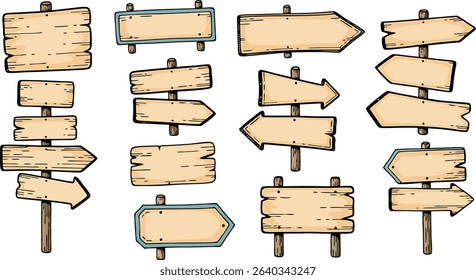 Collection of various hand drawn wooden directional and blank signs for information and guidance.