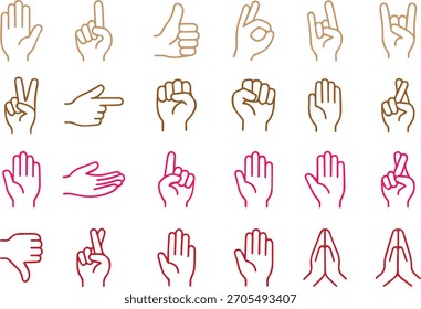 Colección de varios iconos de gestos de mano en un estilo de contorno negro simple, que muestra diferentes signos y señales aisladas sobre fondo blanco