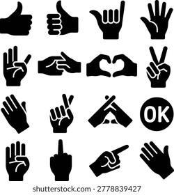 Collection of various hand gesture icons featuring thumbs up down peace and other common signals
