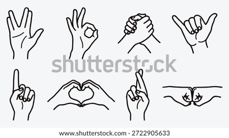 Collection of various hand gestures and signs hands making different symbolic and expressive movements