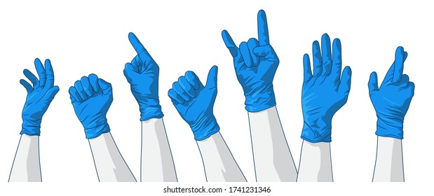 A collection of various hand gestures wearing PPE protection latex gloves.