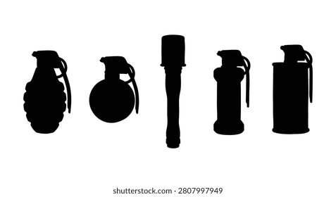 Collection of various hand grenades in black silhouette grenade military explosive device ordnance weapon armament defense