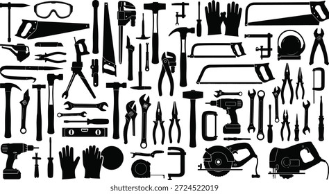 Coleção de várias ferramentas manuais e equipamentos para construção e projetos DIY
