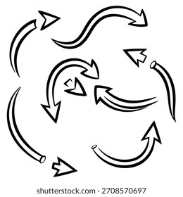 A collection of various hand-drawn, black and white curved arrows pointing in different directions. This doodle-style set features multiple arrow designs on a white background.