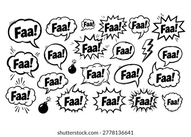 A collection of various hand-drawn comic book speech bubbles, explosion clouds, and action bursts containing the word 'Faa!' on a white background.