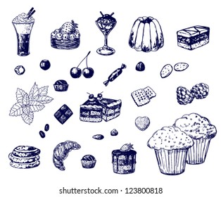 Collection of various hand-drawn desserts