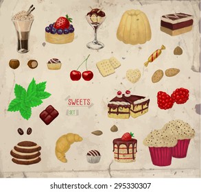 Collection of various hand-drawn desserts and ingredients.Design elements on old paper background.