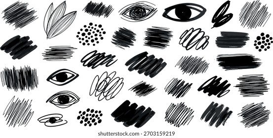 Uma coleção de vários elementos de rabiscar desenhados à mão, incluindo formas abstratas, texturas rabiscadas, pontos e olhos estilizados, apresentados em preto sobre um fundo branco, perfeito para o projeto de design criativo.