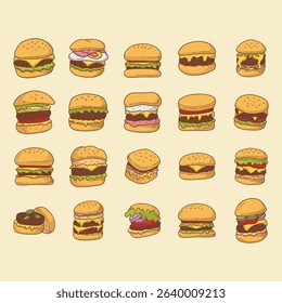 Collection of various hand-drawn illustrations of hamburgers, showing different combinations of toppings and a variety of styles. Each hamburger is depicted in a simple, cartoonish design style with c