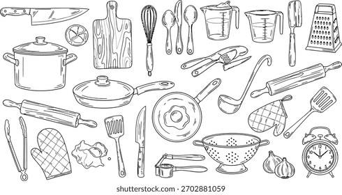 Colección de varios utensilios de cocina dibujados a mano y herramientas de cocina en estilo de arte de línea en blanco y negro sobre un fondo blanco, ideal para diseños culinarios y temas de cocina.