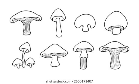 Collection of Various Hand-Drawn Mushroom Illustrations in Outline Style for Nature Designs