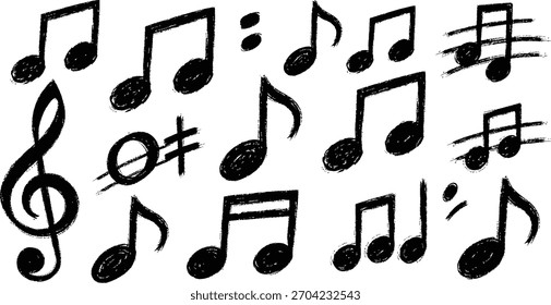 A collection of various hand-drawn musical notation symbols, perfect for music-related designs, educational materials, artistic projects, and creative endeavors.