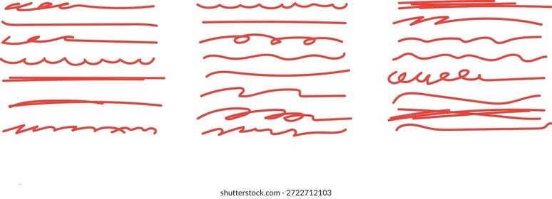 Sammlung verschiedener handgezeichneter roter Linien, Unterstreichungen und Kritzeln. Diese Vektorelemente sind für die Verwendung als dekorative Teiler, Betonungsmarker oder Grafikdesign-Komponenten konzipiert. 