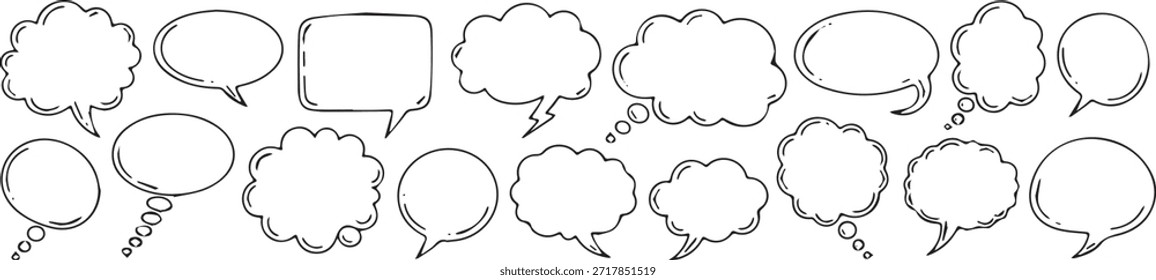 Uma coleção de várias bolhas de fala desenhadas à mão e nuvens de pensamento em diferentes formas e tamanhos, perfeito para tiras cômicas, diálogos e projetos de comunicação.