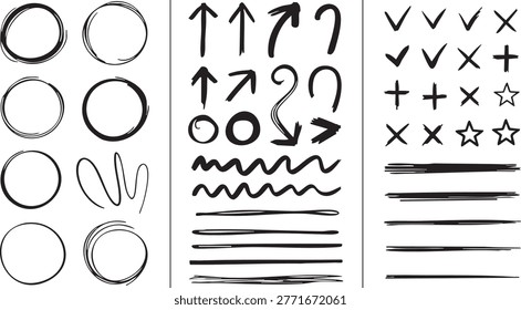 A collection of various hand-drawn symbols, numerals, arrows, and shapes displayed for educational analysis, focusing on pattern and character recognition exercises.