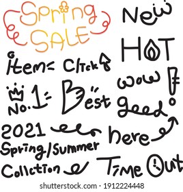 Collection of various handwritten phrases such as spring sale and new, item, time out, hot, which are good to use in shopping malls