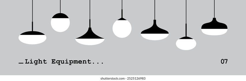 Collection of various hanging light fixtures in a minimalistic black and white design. Can be us for lighting, interior design, or decor projects. Vector illustration
