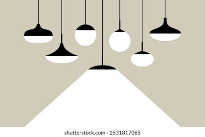 Collection of various hanging light fixtures one of which is glowing. Illustration in a minimalistic black and white design. Can be use for lighting, interior design, or decor projects