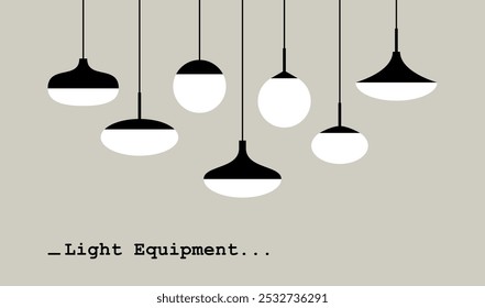 Collection of various hanging light fixtures in a minimalistic black and white design. Can be use for lighting, interior design, or decor projects. Vector illustration
