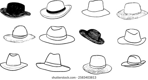 A collection of various hat designs illustrated in black and white. The hats include fedoras, sun hats, and cowboy hats, showcasing different styles and shapes.