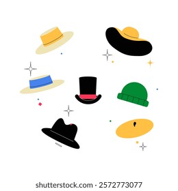 Collection Of Various Hats Including Top Hat, Sun Hat, And Beanie In Flat Vector Illustration Symbolizing Fashion, Style, And Accessories, Isolated On White Background.