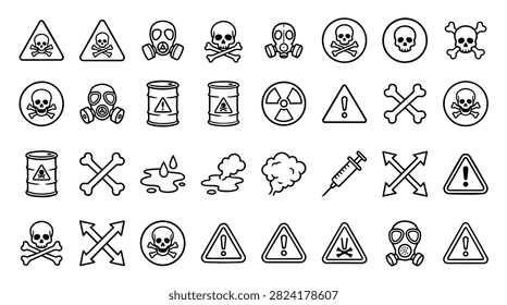 A collection of various hazard and danger warning symbols and icons including skulls, gas masks, biohazards, and radiation symbols.